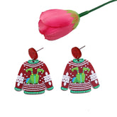 1pair Sweater Christmas Earrings Cute Elk Snowman Earstuds, Gift Box Red
