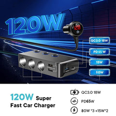 QC3.0/PD Fast Charging 7 In 1 Car Cigarette Lighter With Display, TR30P