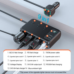 C29 9 In 1 Car Cigarette Lighter Powerful Fast Charger With Voltage Display, C29