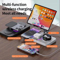 4-in-1 Fast Wireless Charging Station for Phone/Tablet/Apple Watch/AirPods Magnetic Foldable Stand with Clock Display & Cool Light Effect