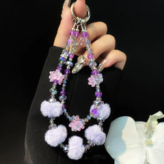 Plush Beaded Cell Phone Chain Keychain Bag Charm Crystal Double Chain Phone Case Accessories