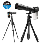APEXEL TeleCular 50x Telephoto Lens Kit for Smartphone with 360-degree Ball Head Tripod & Internal Focus, APL-T50X