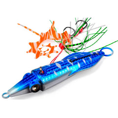 PROBEROS Luminous Squid Jigging Lures Vertical Saltwater Jigs with Silicone Skirt Laser Coating Metal Sinking Fishing Lures, 120G, 150G