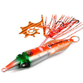 PROBEROS Luminous Squid Jigging Lures Vertical Saltwater Jigs with Silicone Skirt Laser Coating Metal Sinking Fishing Lures, 200G