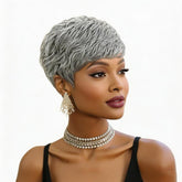 Short Grey Human Hair Feel Wigs for Women Pixie Cut Wigs Salt and Pepper Grey Mix Silver Short Layered Machine Made Wigs, 2 inch