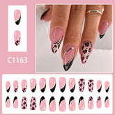 24Pcs /Set Glossy Medium Almond Press on Nails French Tip Fake Nails with Gold Line & Pink Leopard Print Designs Full Cover Glue on Nails