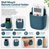 Wall Mount Remote Control Holder Self-Adhesive Bedside Phone Caddy Universal Storage Box Organizer with Charging Port