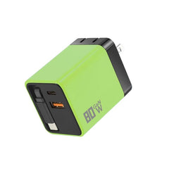 80W GaN Wall Charger With Built-In Retractable USB-C Cable 3-Port Fast Charging Block, US Plug, EU Plug, UK Plug