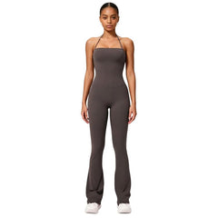 Hip-Lift Halter One-Piece Yoga Jumpsuit, Women Casual Flared Fitness Yoga Outfit, L, XL
