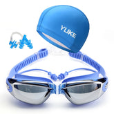 3 in 1 HD Waterproof and Anti-fog Large Frame Siamese Earplugs Swimming Goggles + Swimming Cap + Nose Clip Set for Men and Women, 3 in 1 Swimming Set(Blue)
