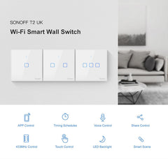 Sonoff T2 Touch 86mm Tempered Glass Panel Wall Switch Smart Home Light Touch Switch, Compatible with Alexa and Google Home, AC 100V-240V, UK Plug, 86mm/ 1 UK Plug
