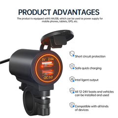 ZH-723F5 Car / Motorcycle QC3.0 Cell Phone Fast Charging Dual USB Car Charger