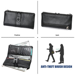 3520 Long Cowhide Leather Folding Anti-magnetic RFID Wallet for Ladies, with Card Slots, 3520 Black, 3520 Coffee, 3520 Green, 3520 Blue, 3520 Red, 3520 Yellowish-brown