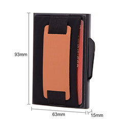 X-32C Automatically Pop-up Card Type Anti-magnetic RFID Anti-theft Men Aluminum Alloy B Dial Button Elastic Bag Wallet with PU Leather Strap, X-32C B Dial Button Blue, X-32C B Dial Button Black, X-32C B Dial Button Grey