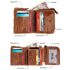 Genuine Cowhide Leather Crazy Horse Texture Zipper 3-folding Short Style Card Holder Wallet RFID Blocking Coin Purse Card Bag Protect Case for Men, Size: 12*9.5*4cm(Taupe), 3585