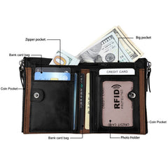 Genuine Cowhide Leather Crazy Horse Texture Dual Zipper Short Style Card Holder Wallet RFID Blocking Card Bag Protect Case for Men, Size: 12.1*9.4*2.7cm