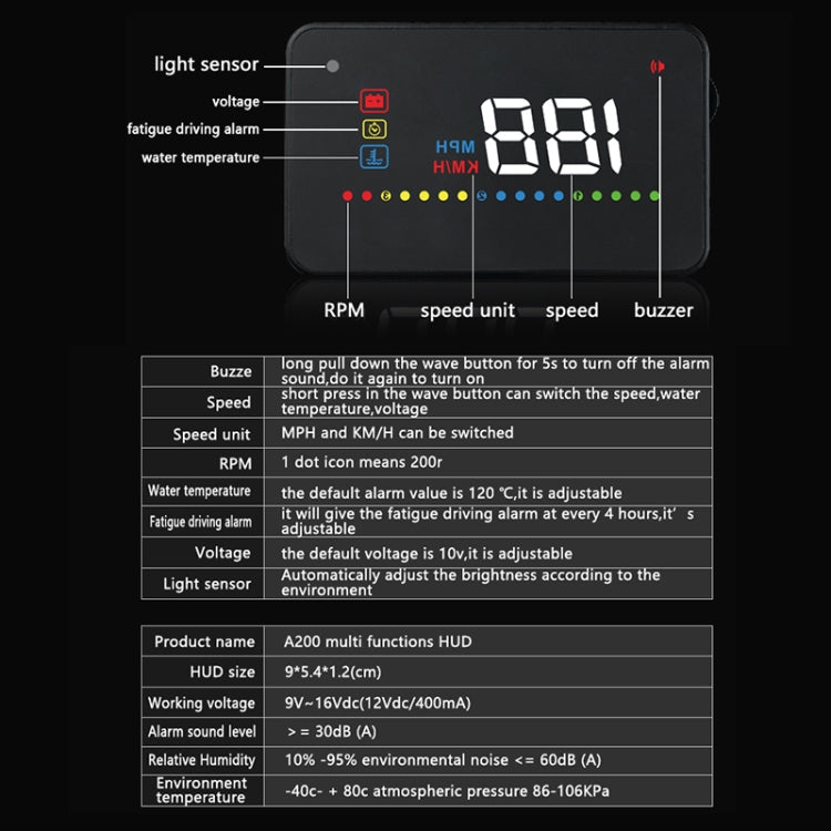 A200 OBD2 3.5 inch Vehicle-mounted Head Up Display Security System, Support Car Speed / Engine Revolving Speed Display / Water Temperature / Voltage, A200