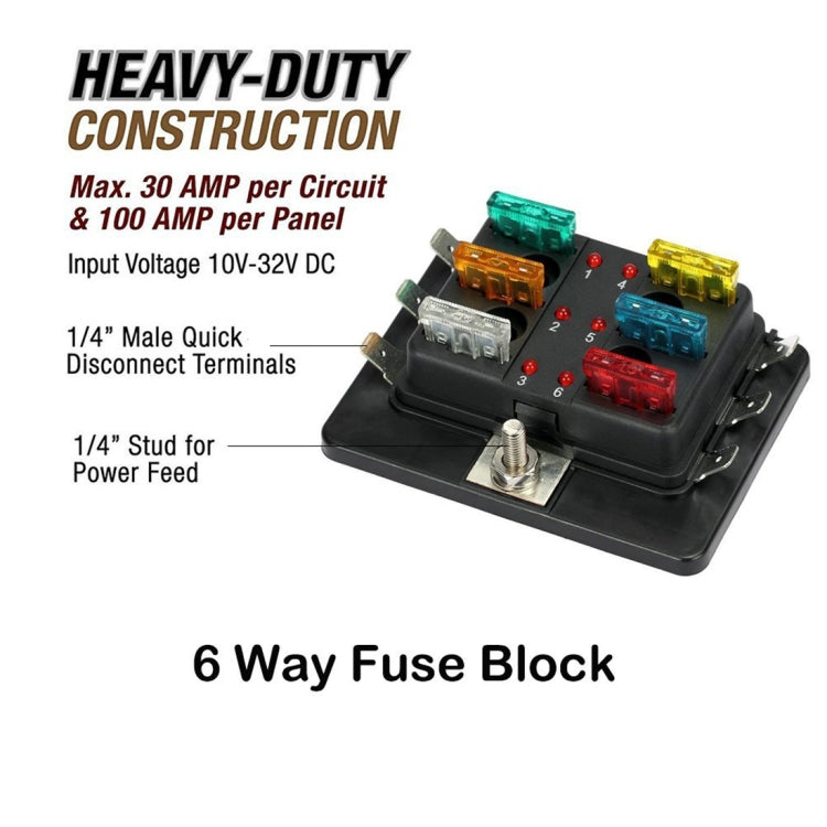 Universal 6 Way Fuse Box Block Fuse Holder Box Car Vehicle Circuit Automotive Blade Tool 6 Way Fuse Block, DC 10V-32V, 6 Way Fuse Box