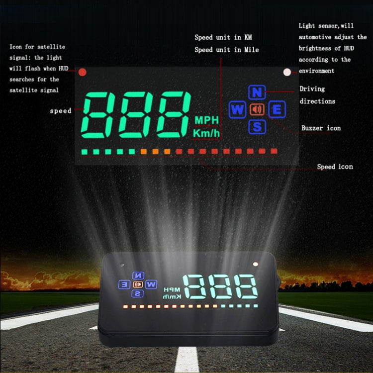 A2 HUD 3.5 inch HD GPS Car Head Up Display, Speed & Over Speed Alarm, Compass, Freely Switch Between Kilometers and Miles, A2