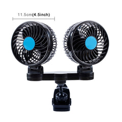 HUXIN HX-T605 7W 360 Degree Adjustable Rotation Clip Two Head Low Noise Mini Electric Car Fan with Gear Switch, DC12V, HX-T605
