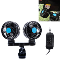 HUXIN HX-T605 7W 360 Degree Adjustable Rotation Clip Two Head Low Noise Mini Electric Car Fan with Gear Switch, DC12V, HX-T605