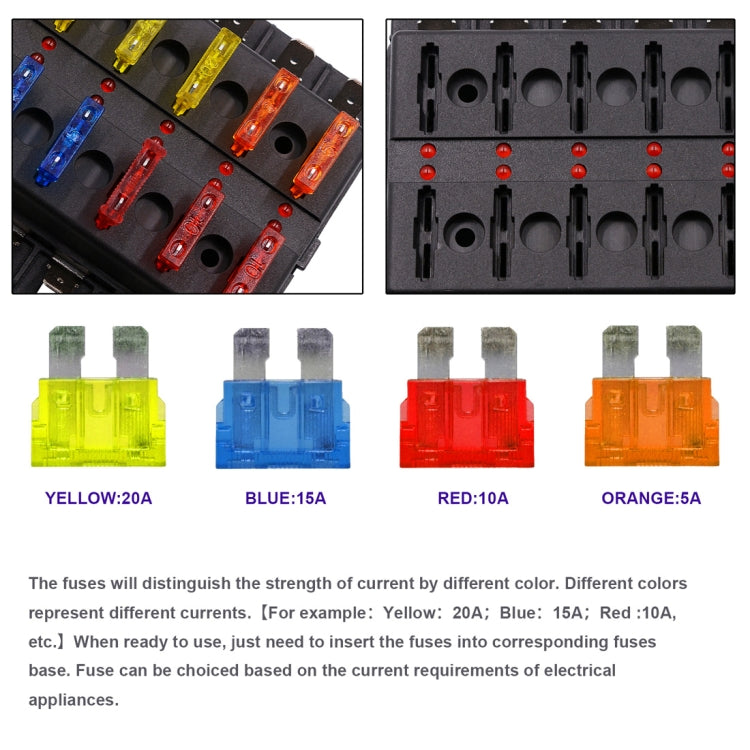 1 in 10 Out Fuse Box PC Terminal Block Fuse Holder Kits with LED Warning Indicator for Auto Car Truck Boat, 1 in 10 Out (PC Terminal Block)