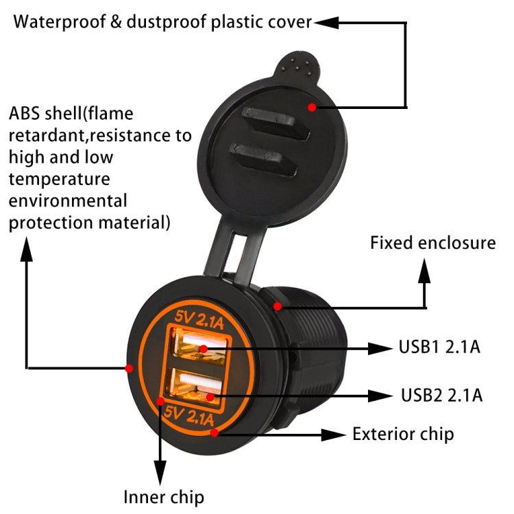 Universal Car Charger 2 Port Power Socket Power Dual USB Charger 5V 4.2A IP66 with Aperture , 4.2A with Aperture (Orange Light)