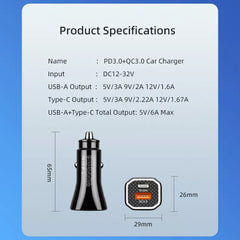 PD + QC3.0 Car 2 in 1 Square Fast Charger Car Cigarette Lighter, Car Square Charger