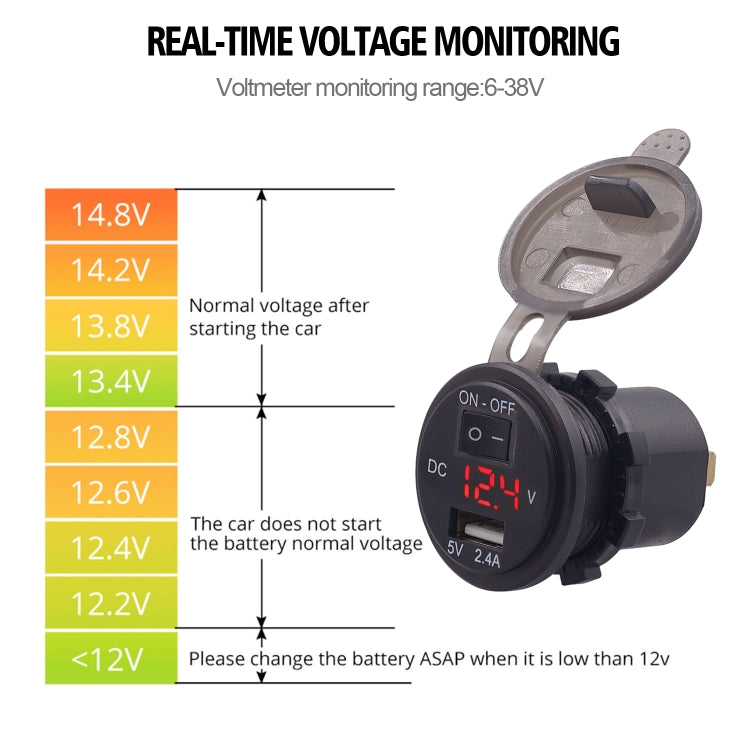 Universal Car Single Port USB Charger Power Outlet Adapter 2.4A 5V IP66 with LED Digital Voltmeter + Switch + 60cm Cable, 2.4A + Switch + 60cm Cable (Red Light)