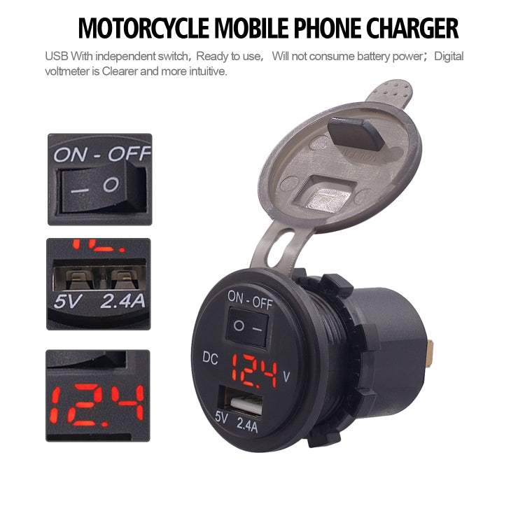 Universal Car Single Port USB Charger Power Outlet Adapter 2.4A 5V IP66 with LED Digital Voltmeter + Switch + 60cm Cable, 2.4A + Switch + 60cm Cable (Red Light)