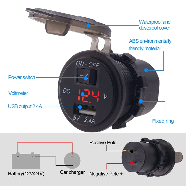 Universal Car Single Port USB Charger Power Outlet Adapter 2.4A 5V IP66 with LED Digital Voltmeter + Switch + 60cm Cable, 2.4A + Switch + 60cm Cable (Red Light)