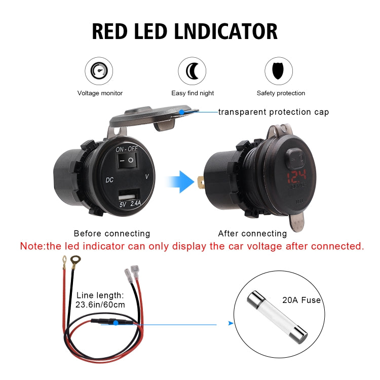 Universal Car Single Port USB Charger Power Outlet Adapter 2.4A 5V IP66 with LED Digital Voltmeter + Switch + 60cm Cable, 2.4A + Switch + 60cm Cable (Red Light)