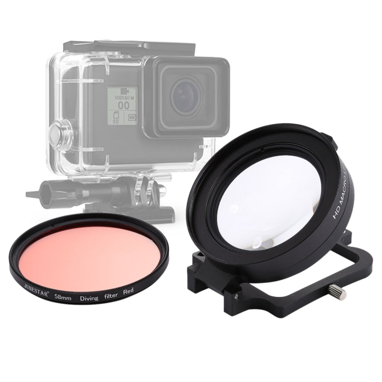 JSR 58mm 16X Macro Lens + Red Diving Lens Filter with Lens Cover + Lens Filter Ring Adapter + String + Cleaning Cloth for GoPro HERO6 /5 Dive Housing, For HERO6 /5