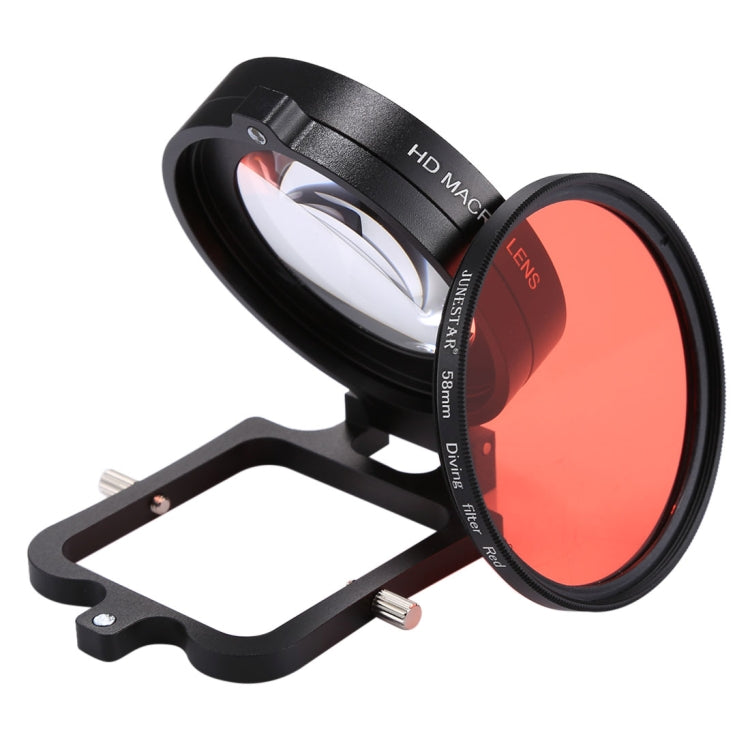 JSR 58mm 16X Macro Lens + Red Diving Lens Filter with Lens Cover + Lens Filter Ring Adapter + String + Cleaning Cloth for GoPro HERO6 /5 Dive Housing, For HERO6 /5