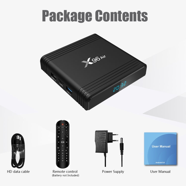 X96 Air 8K Smart TV BOX Android 9.0 Media Player with Remote Control, Quad-core Amlogic S905X3, RAM: 4GB, ROM: 64GB, Dual Band WiFi, Bluetooth, AU Plug, 4GB+64GB