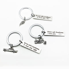 Creative Drive Safe Handsome Words Stainless Steel Keychain Key Rings, Car Shape