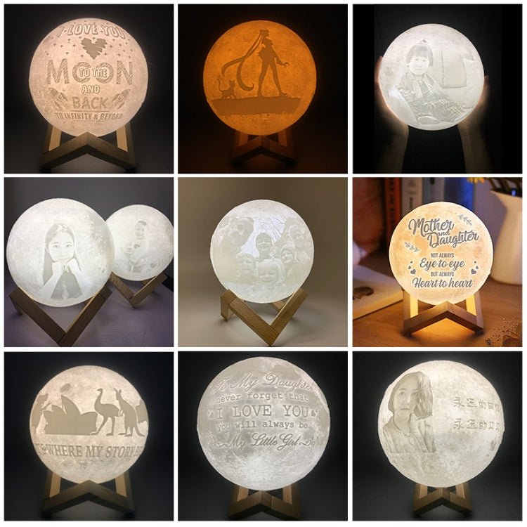 Customized Patted 3-color 3D Print Moon Lamp USB Charging Energy-saving LED Night Light with Wooden Holder Base, 8cm, 10cm, 13cm, 15cm, 18cm, 20cm