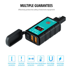 WUPP ZH-1422A3 DC12-24V Motorcycle Square Dual USB Fast Charging Charger with Switch + Voltmeter + Integrated SAE Socket + 1.4m OT Terminal Cable, ZH-1422A3