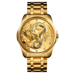 SKMEI 9193 Men Golden Dragon Pattern Calendar Dial Luminous Quartz Watch