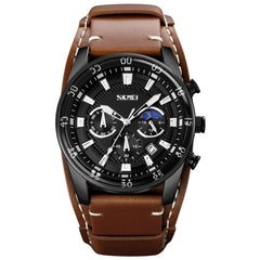 SKMEI 9249 Men Moonphase Calendar Stopwatch Leather Strap Quartz Watch