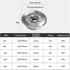 Landscape Colorful Color Changing Ring LED Stainless Steel Underwater Fountain Light, 6W, 9W, 12W, 18W, 24W