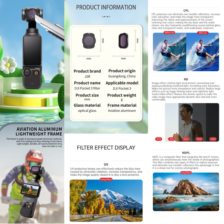 For DJI OSMO Pocket 3 JSR CB Series Camera Lens Filter, MCUV, CPL, ND8, ND16, ND32, ND64, ND256, ND1000, ND8PL, ND16PL, ND32PL, ND64PL, 1/8 Black Mist Filter, NIGHT, STAR, 3 in 1 CPL ND8/16