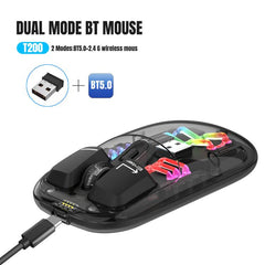 HXSJ T200 Dual Modes 2.4G BT5.0 Transparent RGB Wireless Mouse, T200