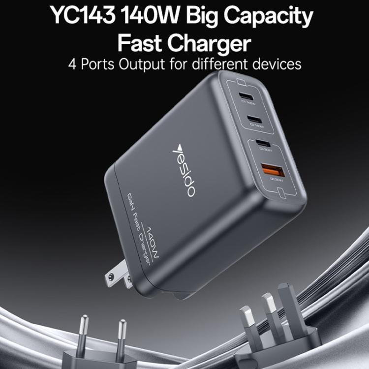 Yesido YC143 140W 4 Ports GaN Fast Charging Charger, 3 x USB-C / Type-C, 1 x USB-A