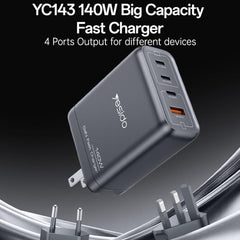 Yesido YC143 140W 4 Ports GaN Fast Charging Charger, 3 x USB-C / Type-C, 1 x USB-A