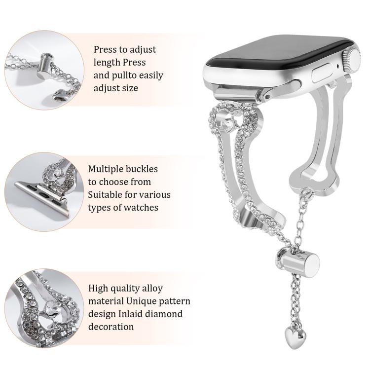 Bone Chain Shaped Diamond Metal Watch Band, For Apple Watch 46mm / 49mm / 45mm / 44mm, For Apple Watch 42mm / 41mm / 40mm / 38mm