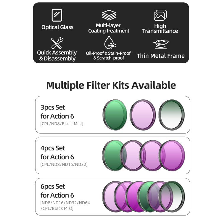 For DJI Osmo Action 6 Sunnylife Camera Lens Filter, Black Mist 1/4, CPL, MCUV, ND8, ND16, ND32, ND64, NIGHT, 3 in 1 Light Shadow, 4 in 1 Mixed Filter, 4 in 1 ND, 6 in 1 Mixed Filter, 8 in 1 Mixed Filter