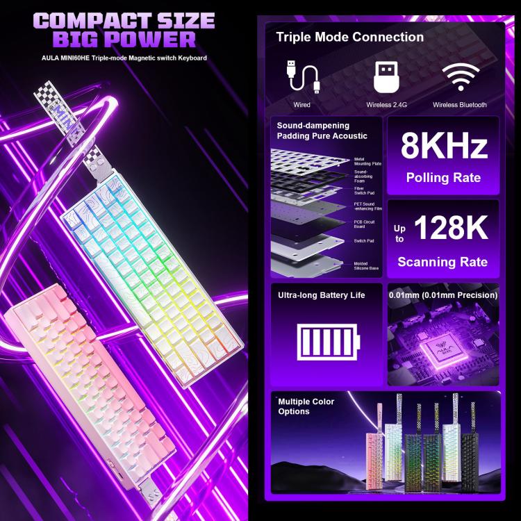 AULA MINI60 HE Pro 61 Keys RGB Wireless Game Mechanical Keyboard
