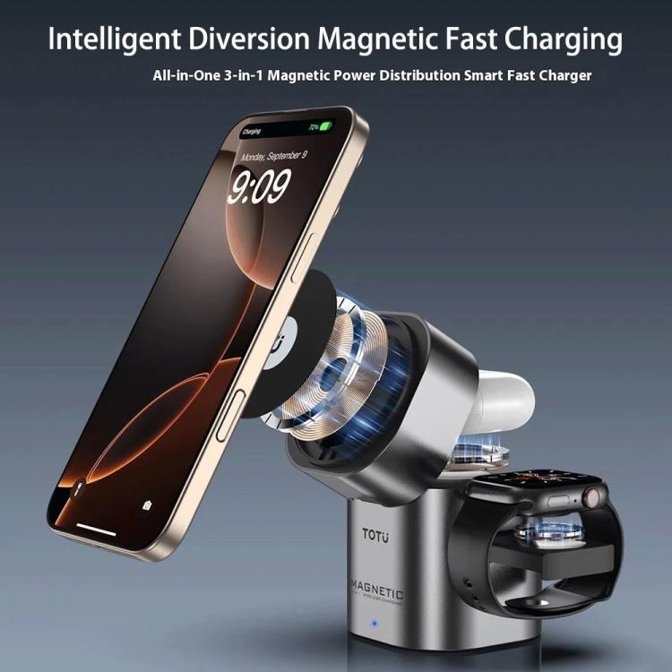 TOTU CW-10-W Wireless Charging Station 3 in 1 Rotating Magnetic Charger Dock for Phone Earbuds Watch, CW-10-W