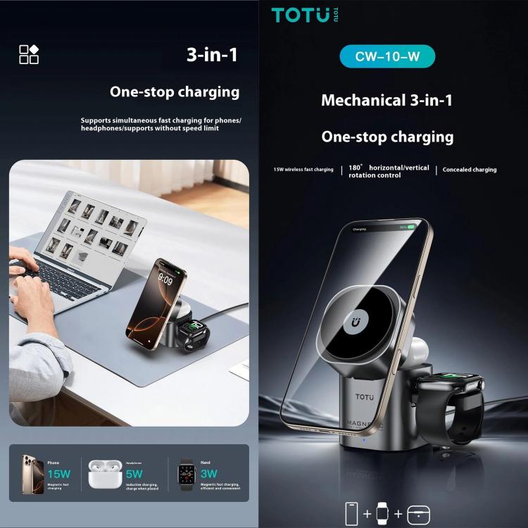 TOTU CW-10-W Wireless Charging Station 3 in 1 Rotating Magnetic Charger Dock for Phone Earbuds Watch, CW-10-W
